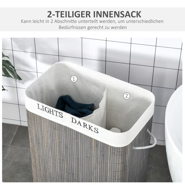 Rootz 100L Tvättkorg - Tvätt Hamper - Klädsorterare - Washable Bag - 52x32x63cm - Bambu, polyester, bomull, metall - grå