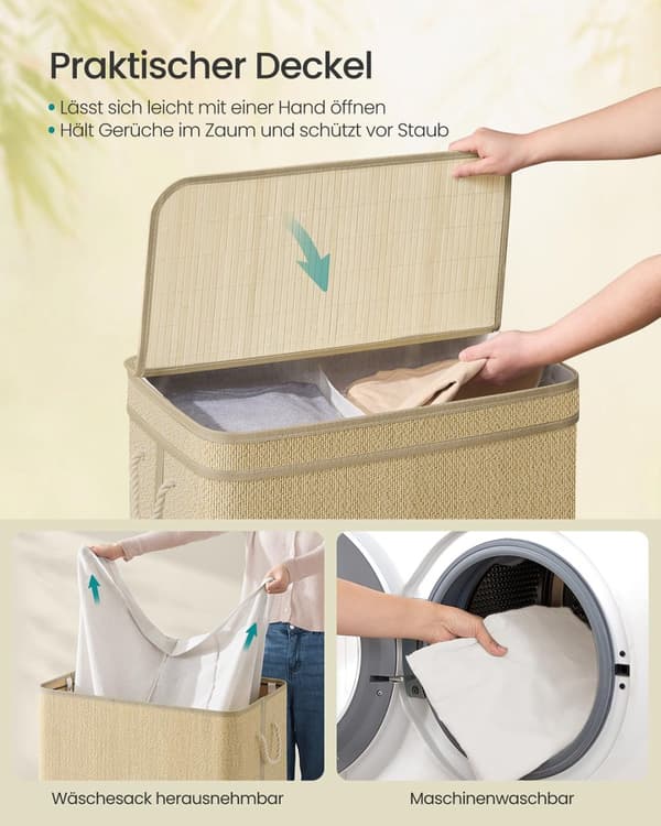 Tvättkorg - 130 liter - bambu - 2 fack - med lock - naturligt