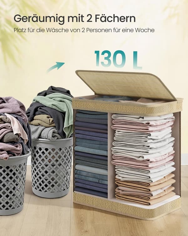 Tvättkorg - 130 liter - bambu - 2 fack - med lock - naturligt