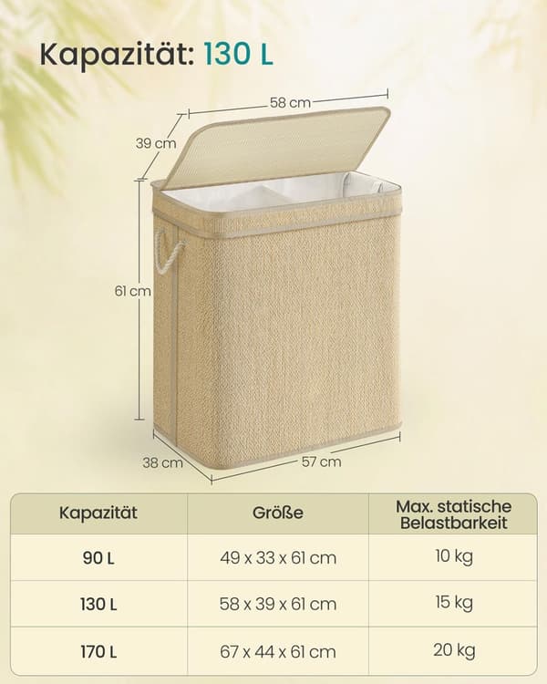 Tvättkorg - 130 liter - bambu - 2 fack - med lock - naturligt