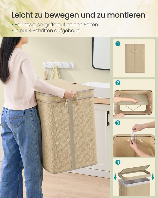 Tvättkorg - 130 liter - bambu - 2 fack - med lock - naturligt