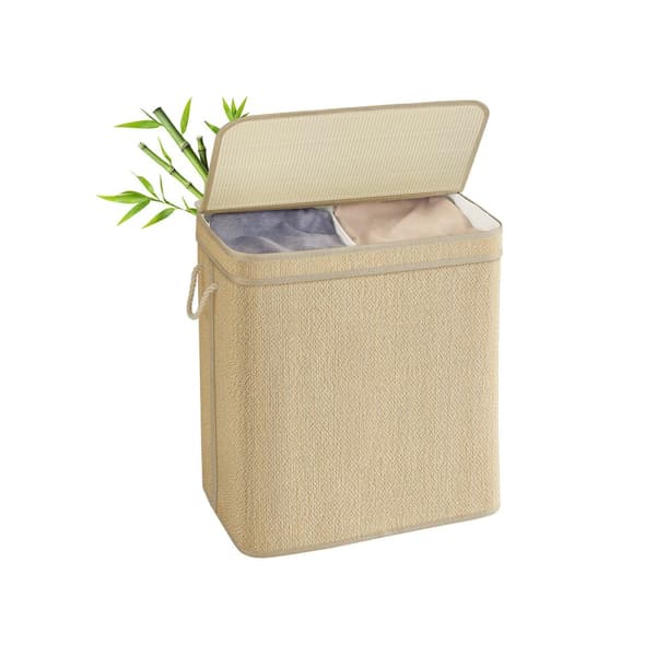 Tvättkorg - 130 liter - bambu - 2 fack - med lock - naturligt