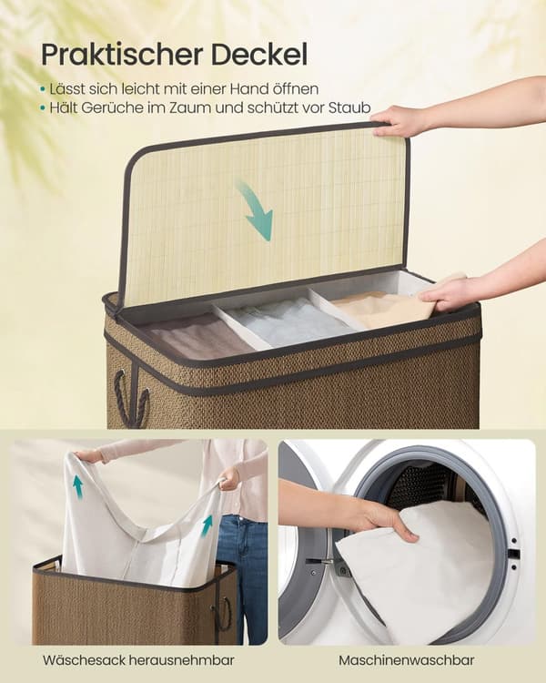 Wasmand – 170 Liter – Bamboe – 3 Compartimenten – Met Deksel – Bruin