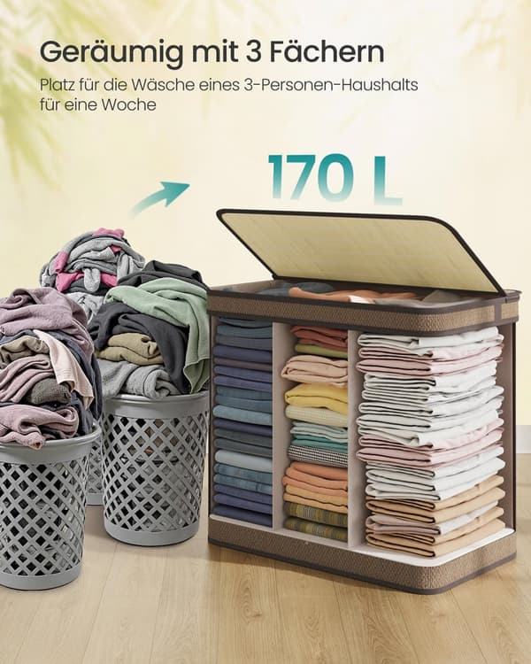Wasmand – 170 Liter – Bamboe – 3 Compartimenten – Met Deksel – Bruin