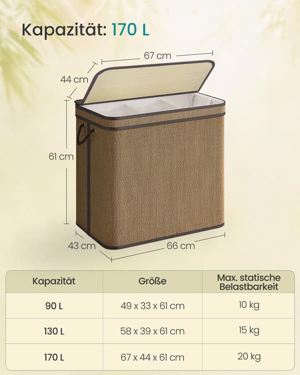 Wasmand – 170 Liter – Bamboe – 3 Compartimenten – Met Deksel – Bruin