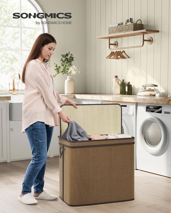 Wasmand – 170 Liter – Bamboe – 3 Compartimenten – Met Deksel – Bruin