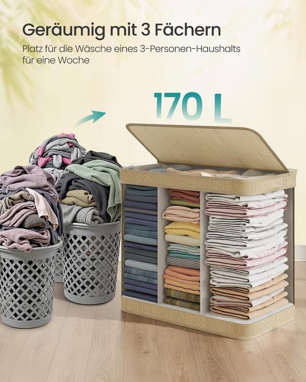 Pesulakori - 170 litraa - bambu - 3 osastoa - kannen kanssa - luonnollinen