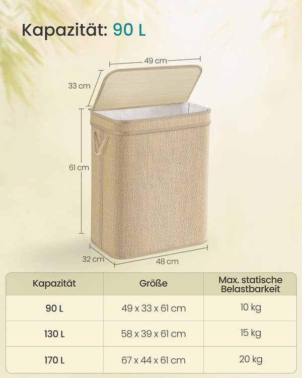 Vaskeri kurv - 90 liter - bambus - med låg - naturligt