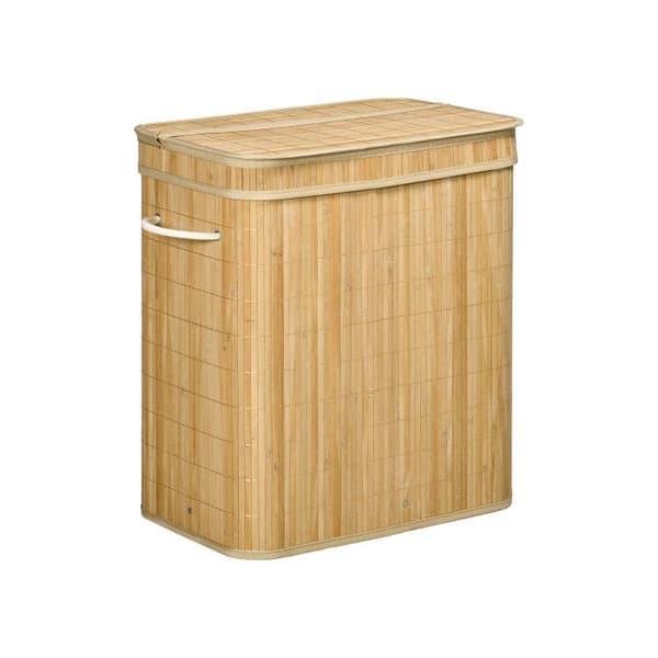 Korg för smutskläder med lock och handtag, kapacitet 90 liter, med 2 sektioner och avtagbar tygsäck - 54,2 x 35,2 x 59,5 cm