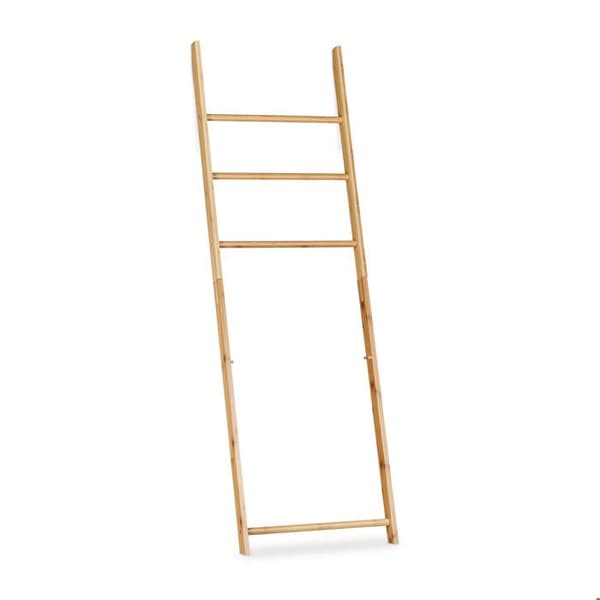 Relaxdays Bamboo Handduksställ Tvättkorg Stege Stege Tvättpåse HxBxD: 139 x 43,5 x 33cm, Naturlig
