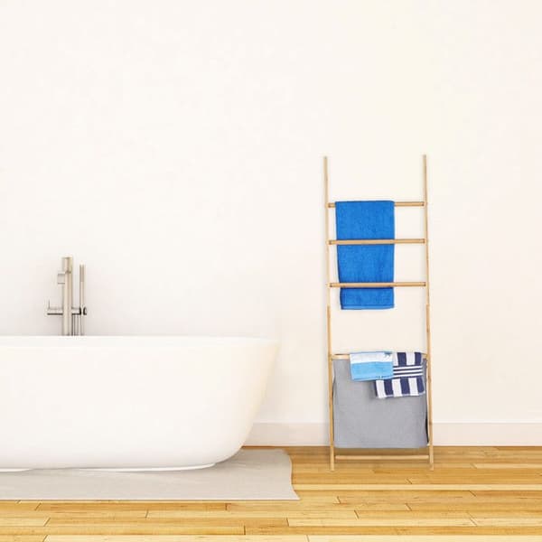 Relaxdays Bamboo Handduksställ Tvättkorg Stege Stege Tvättpåse HxBxD: 139 x 43,5 x 33cm, Naturlig