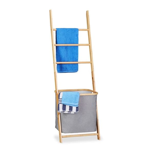 Relaxdays Bamboo Handduksställ Tvättkorg Stege Stege Tvättpåse HxBxD: 139 x 43,5 x 33cm, Naturlig