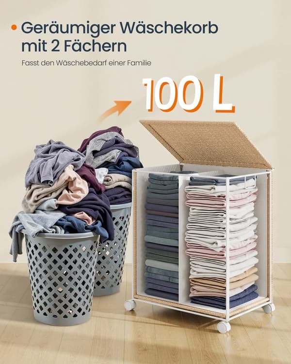 ROOTZ 100L Vaskeri Kurv - Tøj Hamper - Vaskbakke - 2 rum - Stål & polyester - Naturlig beige/hvid - 46,5 cm x 37,5 cm x 65 cm