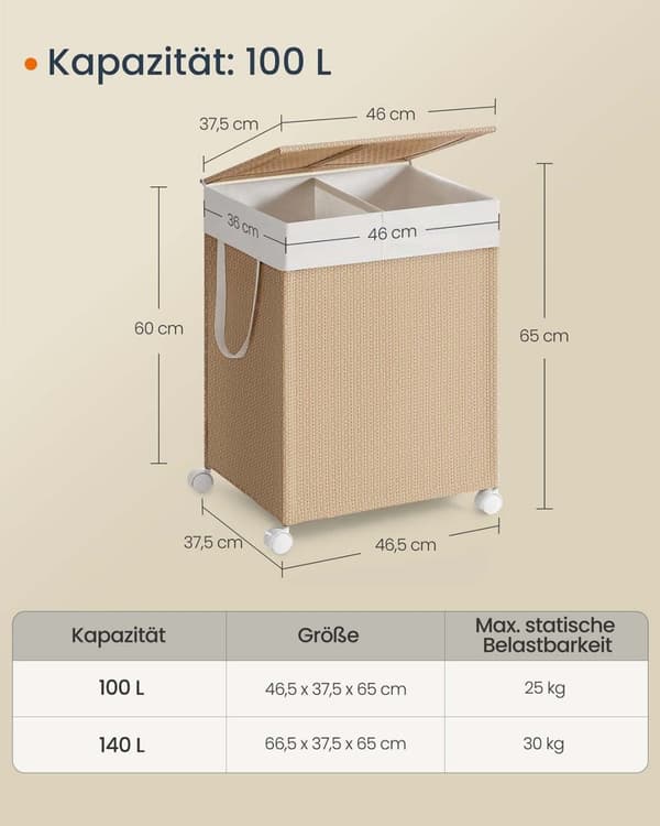 ROOTZ 100L Vaskeri Kurv - Tøj Hamper - Vaskbakke - 2 rum - Stål & polyester - Naturlig beige/hvid - 46,5 cm x 37,5 cm x 65 cm