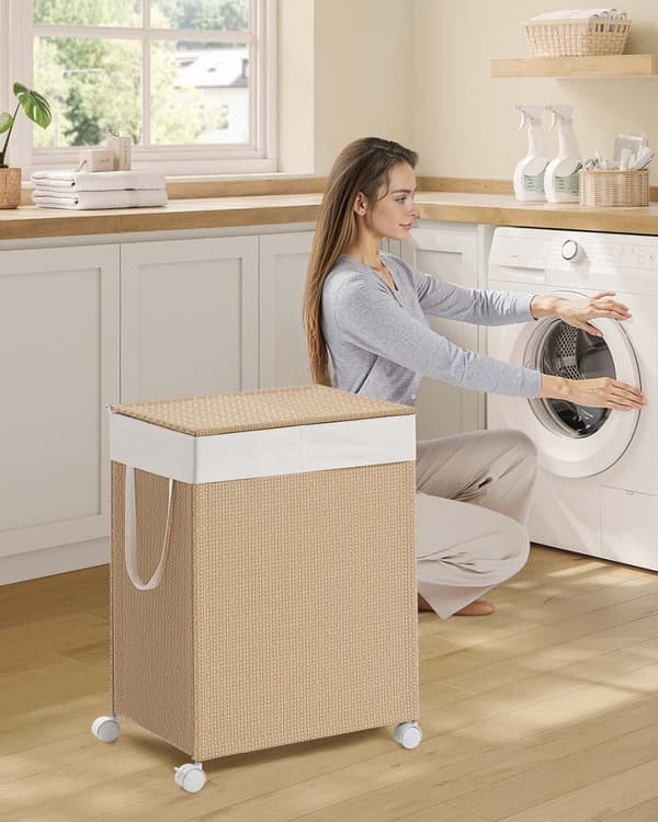 ROOTZ 100L Vaskeri Kurv - Tøj Hamper - Vaskbakke - 2 rum - Stål & polyester - Naturlig beige/hvid - 46,5 cm x 37,5 cm x 65 cm