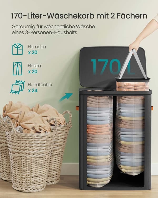 ROOTZ 170L Vaskeri Kurv - Tøj Hamper - Vaskeri Sorter - Dobbeltrum - 56x40x75cm - Sort - Holdbart polyesterstof