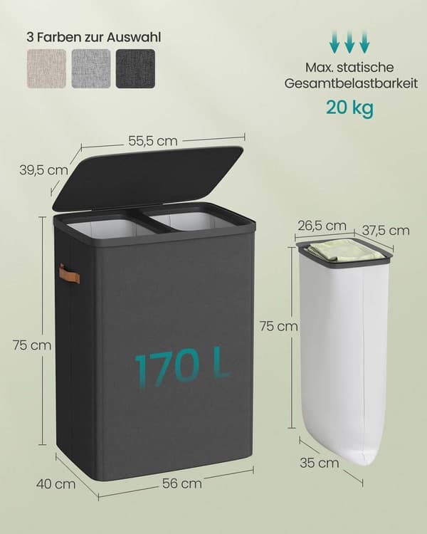 ROOTZ 170L Vaskeri Kurv - Tøj Hamper - Vaskeri Sorter - Dobbeltrum - 56x40x75cm - Sort - Holdbart polyesterstof