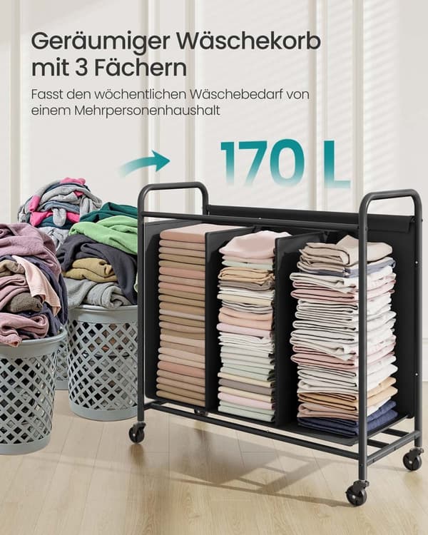 ROOTZ 170L Vaskeri Kurv - Rolling Hamper - Tøjsortering - 3 rum - Blæk sort - 69 cm x 40 cm x 91 cm