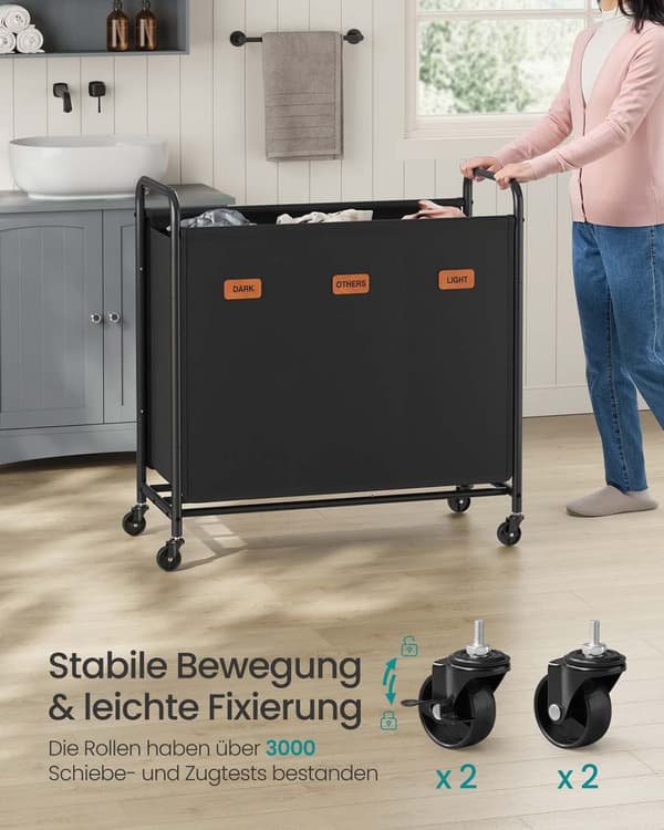 ROOTZ 170L Vaskeri Kurv - Rolling Hamper - Tøjsortering - 3 rum - Blæk sort - 69 cm x 40 cm x 91 cm