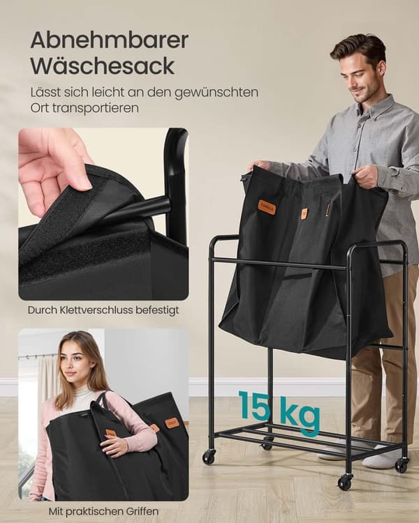 ROOTZ 170L Vaskeri Kurv - Rolling Hamper - Tøjsortering - 3 rum - Blæk sort - 69 cm x 40 cm x 91 cm