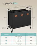Miniatyrbillede 6 af 6: ROOTZ 170L Vaskeri Kurv - Rolling Hamper - Tøjsortering - 3 rum - Blæk sort - 69 cm x 40 cm x 91 cm