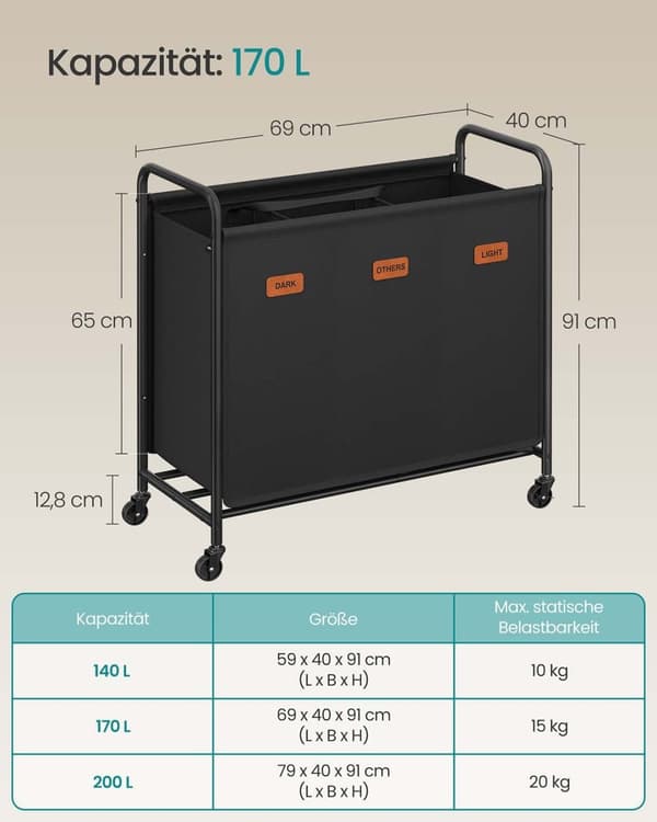 ROOTZ 170L Vaskeri Kurv - Rolling Hamper - Tøjsortering - 3 rum - Blæk sort - 69 cm x 40 cm x 91 cm