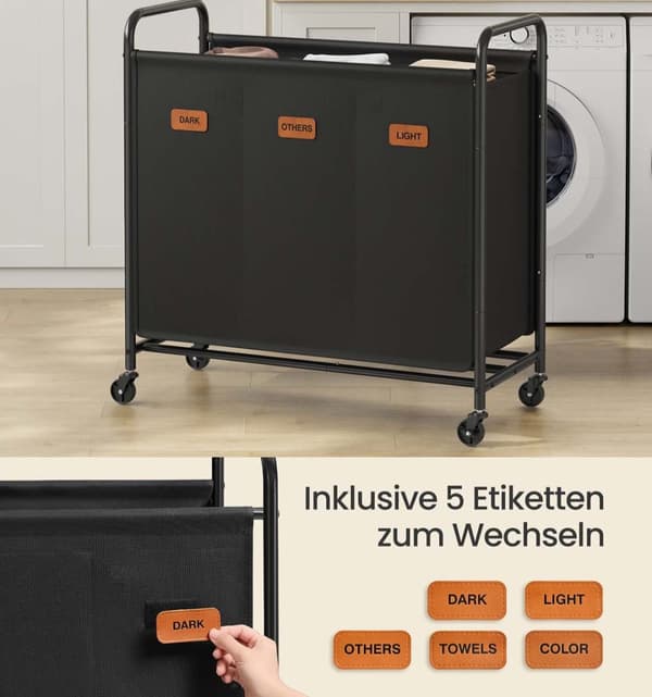 ROOTZ 170L Vaskeri Kurv - Rolling Hamper - Tøjsortering - 3 rum - Blæk sort - 69 cm x 40 cm x 91 cm