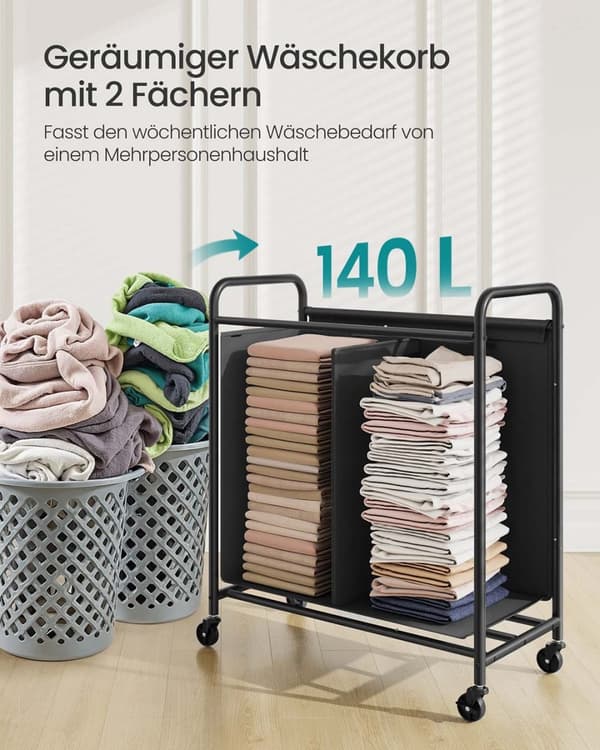 Rootz vaskeri kurv - hæmmer - tøjsortering - 2 rum - rullende - 140L kapacitet - 59 cm x 40 cm x 91 cm