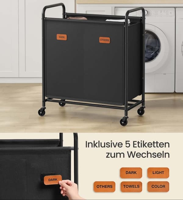 Rootz vaskeri kurv - hæmmer - tøjsortering - 2 rum - rullende - 140L kapacitet - 59 cm x 40 cm x 91 cm