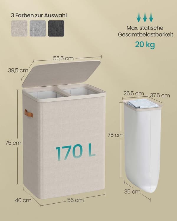 Rootz vaskeri kurv - tøjbakke - hæmmer - 2 rum - 170L kapacitet - 56 cm x 40 cm x 75 cm - brun
