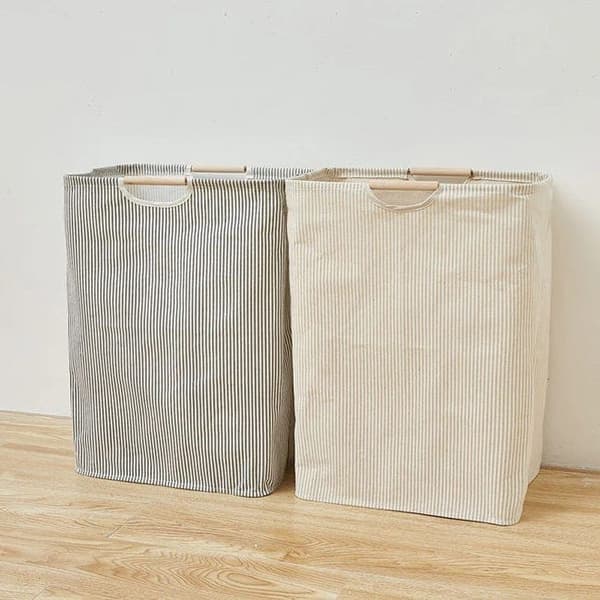 Bomclap vasketøjskurve i bomuld og hør – 2-pak, Pliabla med håndtag, 40x27x56 cm, lodret stribet opbevaring