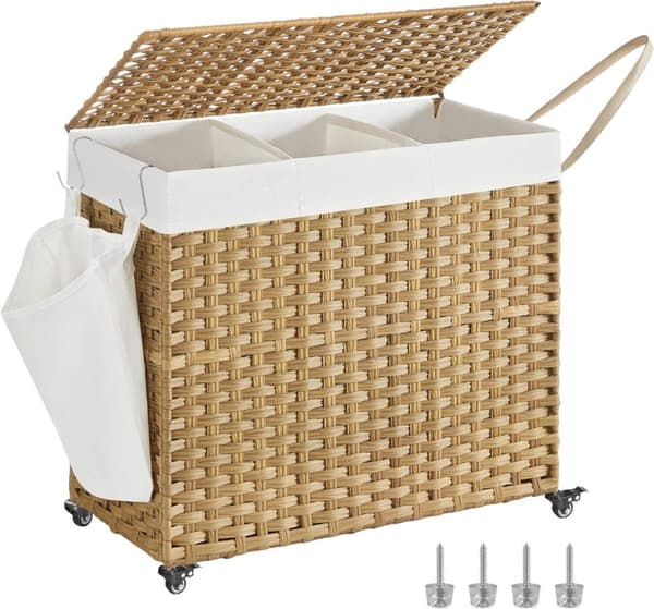 Vasketøjskurv med låg, 160 l, vasketøjskurv, 3 rum, vasketøjssortering på hjul, rottinglook, vasketøjspose, s