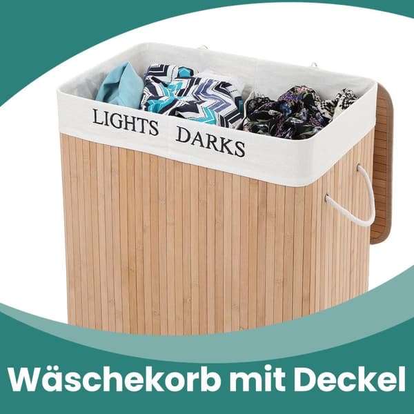 Rootz Bamboo Vaskeri Kurv - Tøj Hamper - Vaskarrangør - Dobbeltrum - 52 cm x 63 cm x 32 cm