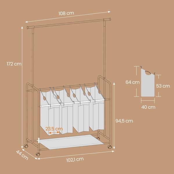 Rootz vaskeri kurv 4 rum - vaskeri samler - tøjsortering - organiseret opbevaring - 108 cm x 44 cm x 172 cm