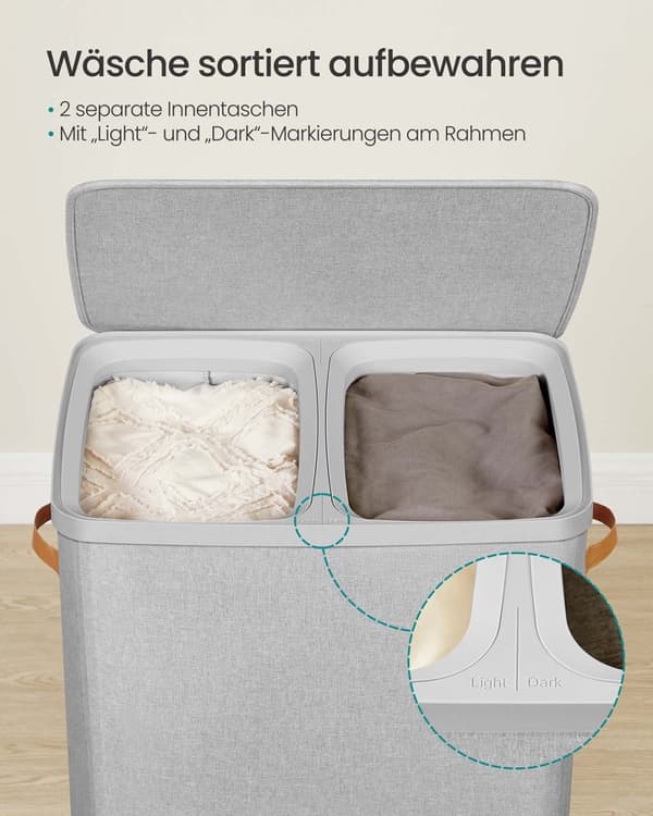 Rootz vaskeri kurv med 2 rum - hæmmer - tøjarrangør - Robust design - 56 x 40 x 75 cm - Grå