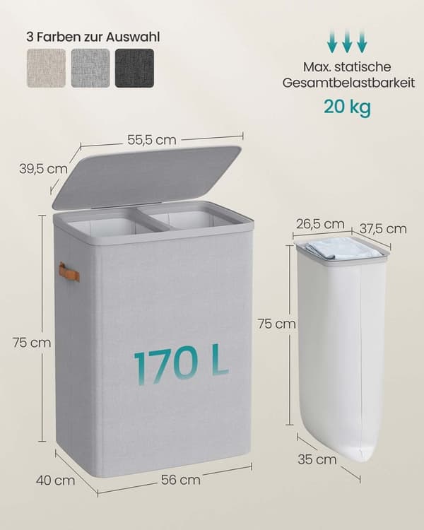 Rootz vaskeri kurv med 2 rum - hæmmer - tøjarrangør - Robust design - 56 x 40 x 75 cm - Grå