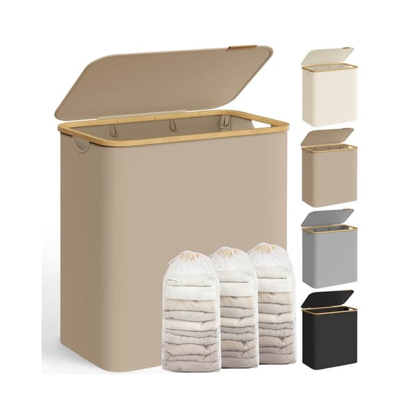 ROOTZ 150L Vaskeri Kurv - Tøj Hamper - Opbevaringsbakke - 3 rum - Organiser effektivt - 60x38,5x70,5 cm - Brun