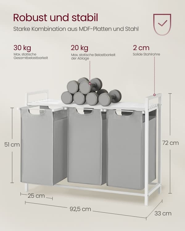 Rootz vaskeri kurv 3 rum - tøjsortering - organisering af skraldespande - 3 x 38L kapacitet - 92,5 cm x 33 cm x 72 cm - Oxford stof