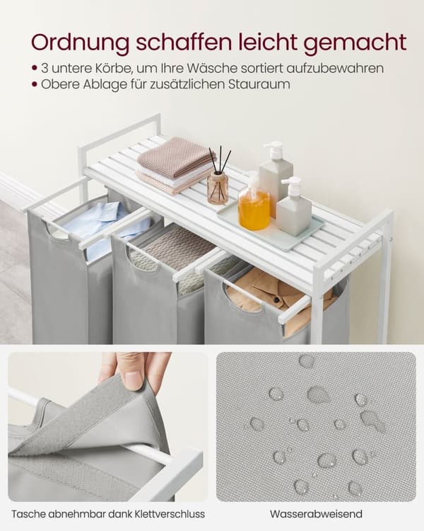 Rootz vaskeri kurv 3 rum - tøjsortering - organisering af skraldespande - 3 x 38L kapacitet - 92,5 cm x 33 cm x 72 cm - Oxford stof