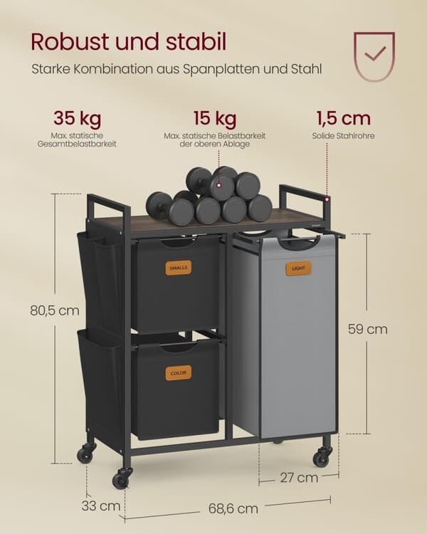 Rootz vaskeri Kurvarrangør - tøjsortering - hæmmer med 3 rum - Oxford -stof - 68,6 cm x 33 cm x 80,5 cm