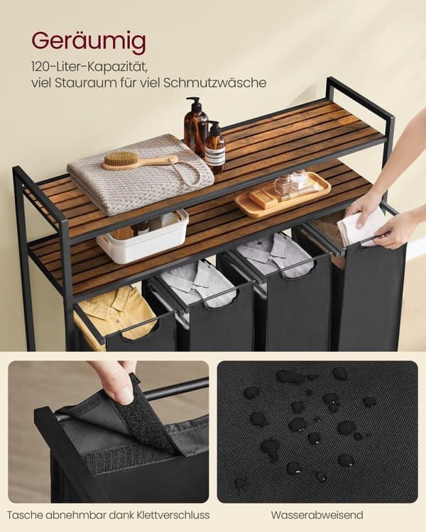 Rootz vaskeri kurv 4 rum - tøjarrangør - opbevaringsenhed - brun -sort - MDF & stål - 115,6 cm x 33 cm x 92 cm