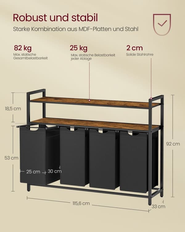 Rootz vaskeri kurv 4 rum - tøjarrangør - opbevaringsenhed - brun -sort - MDF & stål - 115,6 cm x 33 cm x 92 cm