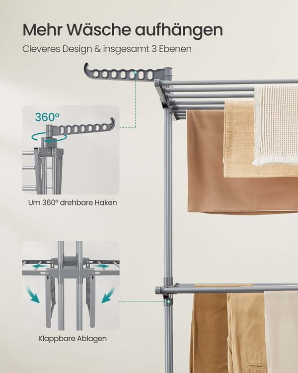 Rootz 4 -niveau vaskeri - Tøjtørringsstativ - Airer - Rumbesparende design - 63,5 x 128 x 148 cm - Grå stål og plastik