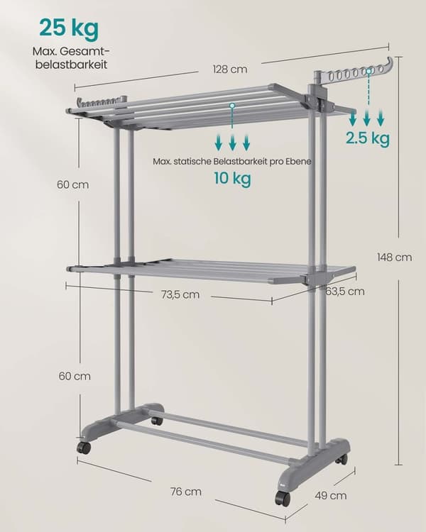 Rootz 4 -niveau vaskeri - Tøjtørringsstativ - Airer - Rumbesparende design - 63,5 x 128 x 148 cm - Grå stål og plastik