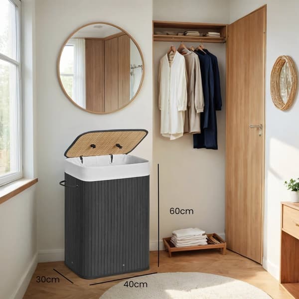 Rootz bambusvaskekurv med låg - tøjhæmmer - Bambusopbevaringsbakke - 72L kapacitet - 40x60x30cm