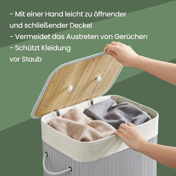 Rootz bambusvaskekurv med låg - Hamper - Tøjsamler - 72L Storage - Fjernelig taske - 40x30x60cm