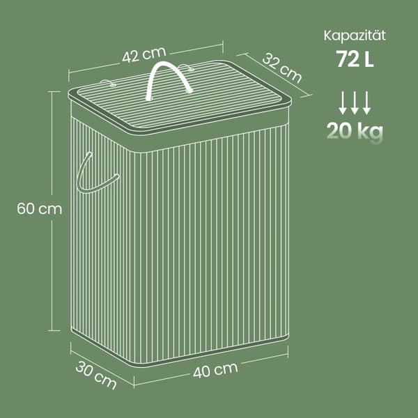Rootz bambusvaskekurv med låg - Hamper - Tøjsamler - 72L Storage - Fjernelig taske - 40x30x60cm
