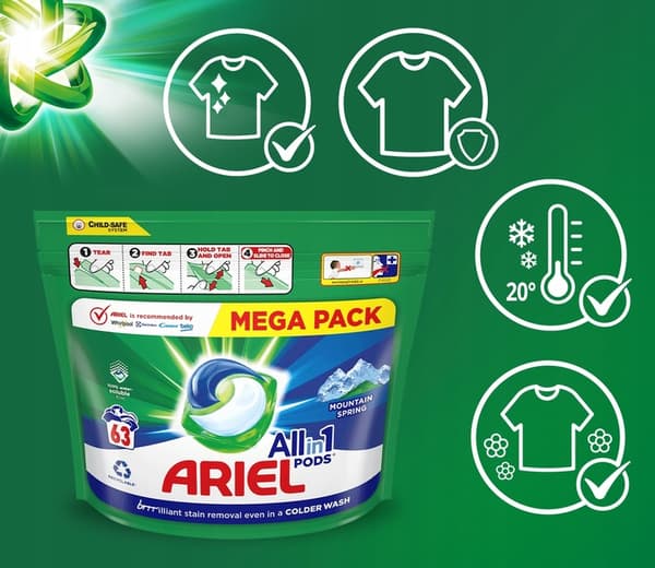 Ariel All-in-1 Mountain Spring tvättkapslar, 63 stycken