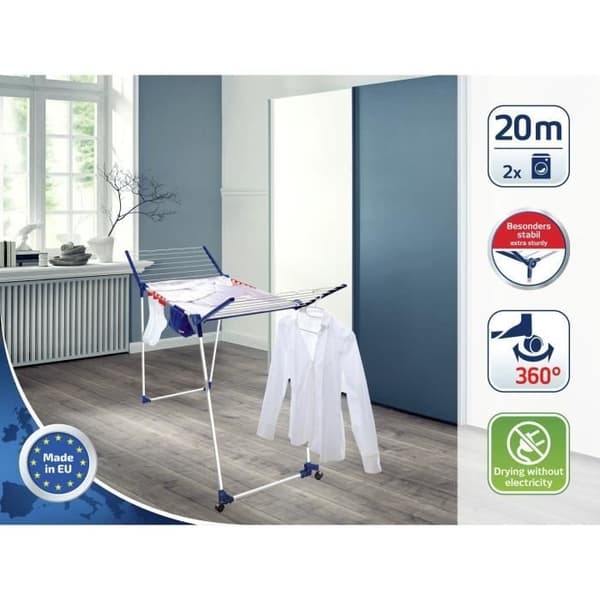 Leifheit Pegasus 200 Solid Deluxe Mobile 81517 stående tørretumbler, tørretumbler med hjul og multitilbehør, 20 meter