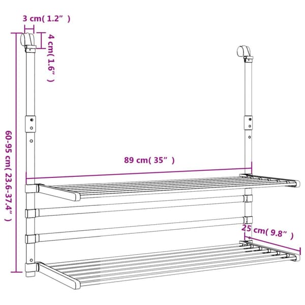 tørrestativ til altan 89x25x(60-95) cm aluminium